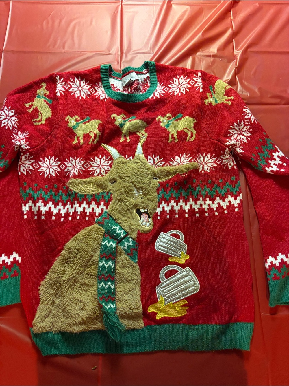 Mens or Women’s Red Holiday Goat Sweater with Green Accents